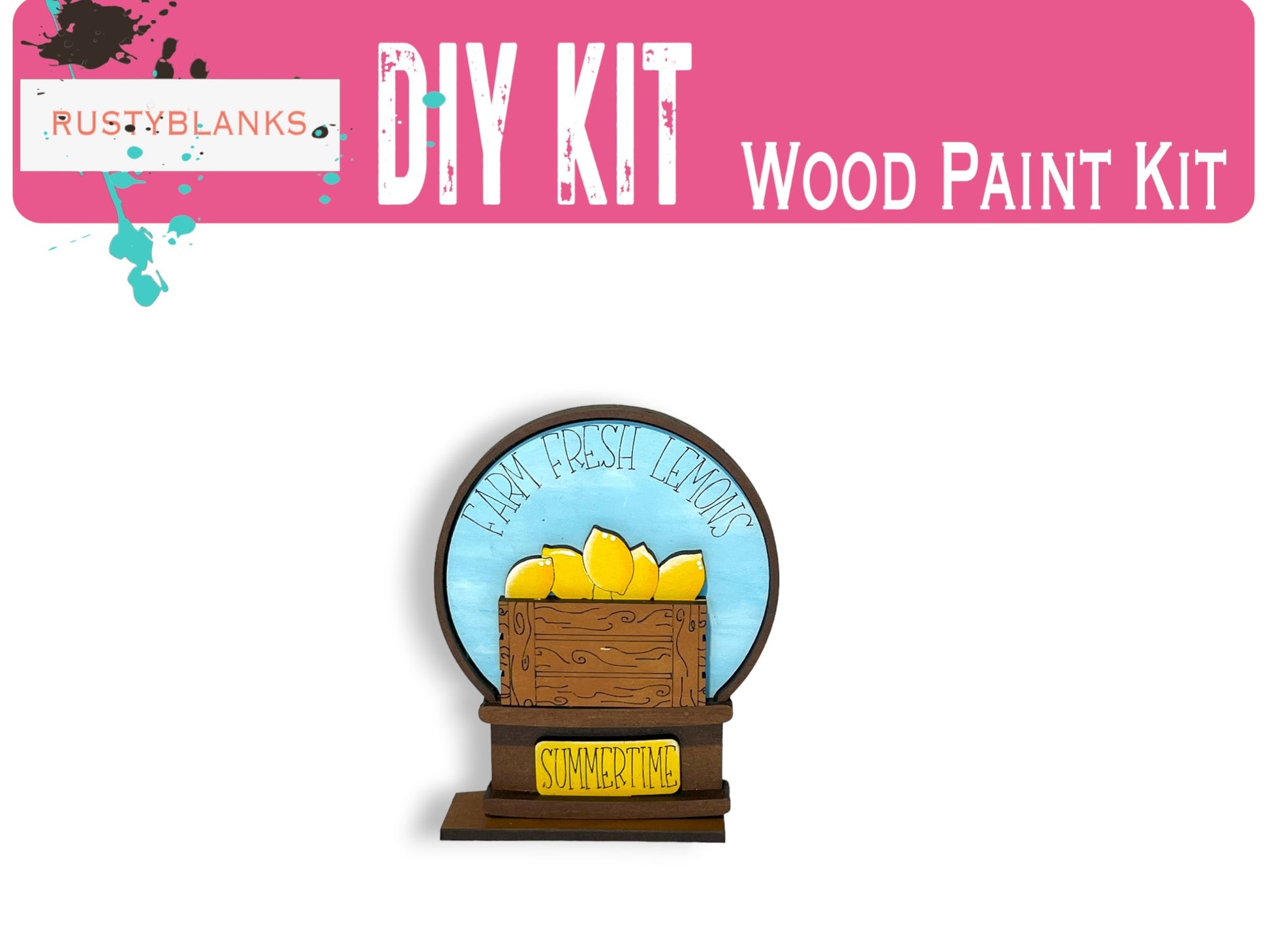 The image is a DIY kit for a wood paint kit, featuring a wooden crate with a sign that says "Summertime" and a blue background with yellow text.