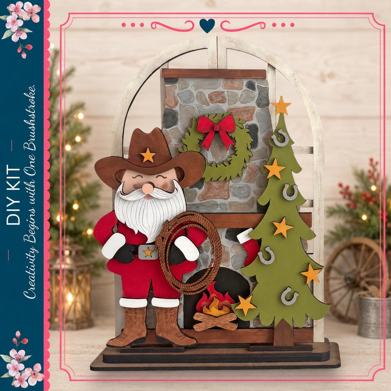 A wooden Santa Claus figurine holding a wreath stands in front of a Christmas tree, with a brick fireplace and other holiday decorations in the background.