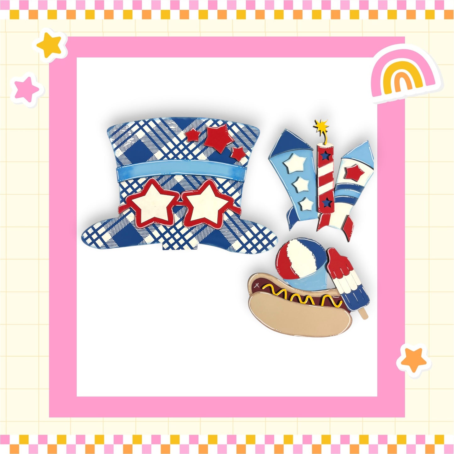 a colorful and playful arrangement of various objects, including a top hat with stars, a hot dog, and fireworks, all set against a pink and yellow checkered background.