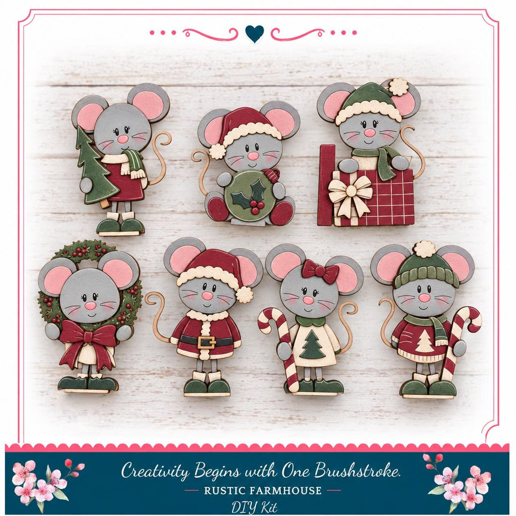 A collection of six wooden mouse figurines in various festive outfits, including Santa hats and Christmas trees, arranged on a wooden background.
