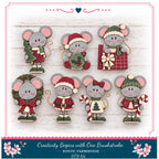 A collection of six wooden mouse figurines in various festive outfits, including Santa hats and Christmas trees, arranged on a wooden background.