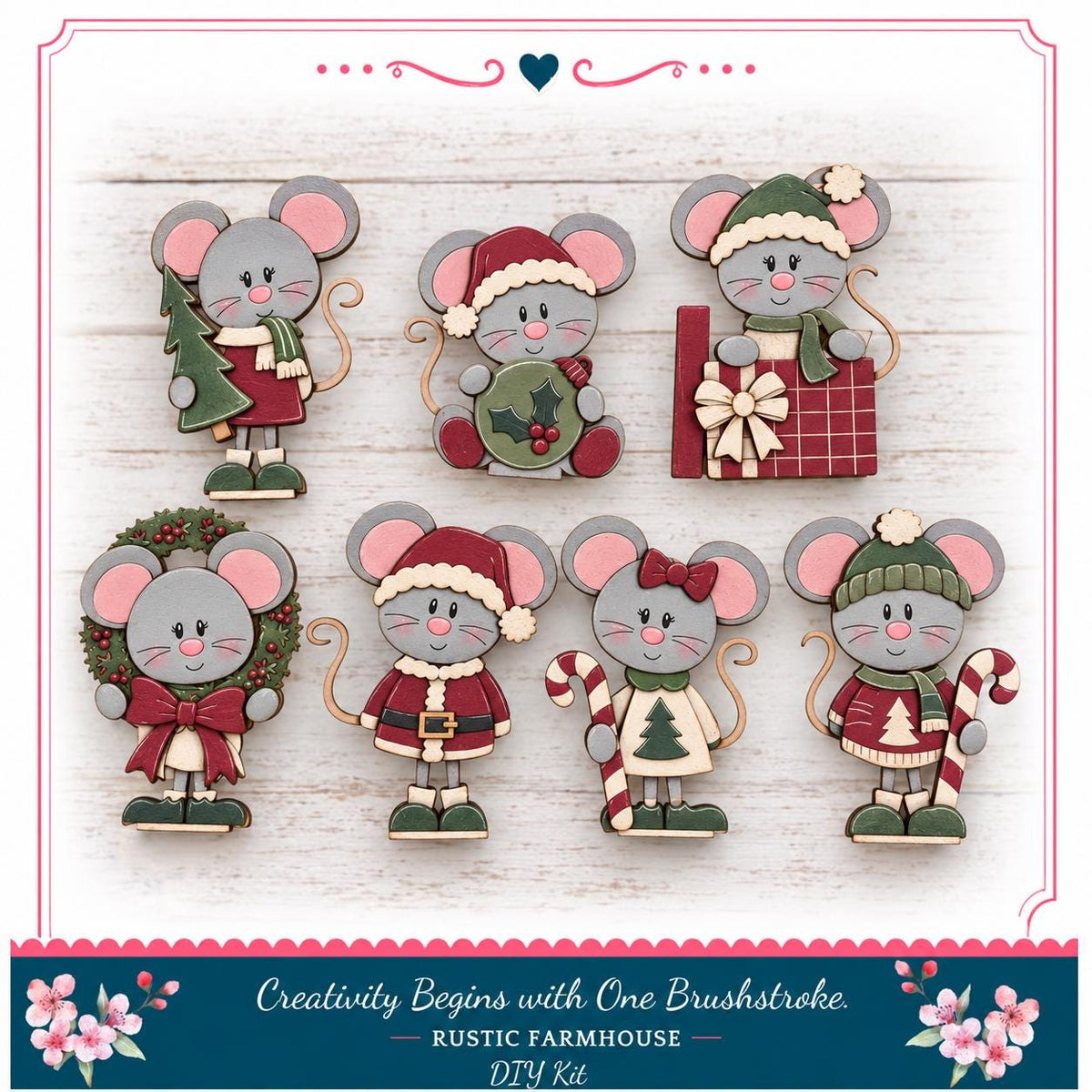 A collection of six wooden mouse figurines in various festive outfits, including Santa hats and Christmas trees, arranged on a wooden background.