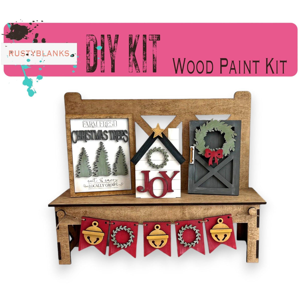 a wooden bench with christmas decorations on it