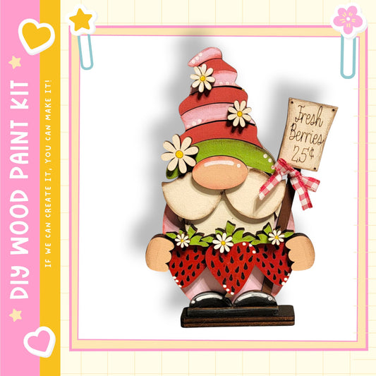 A wooden gnome figurine with a pink hat and red flowers, holding a sign that says "Fresh Berries 25¢".