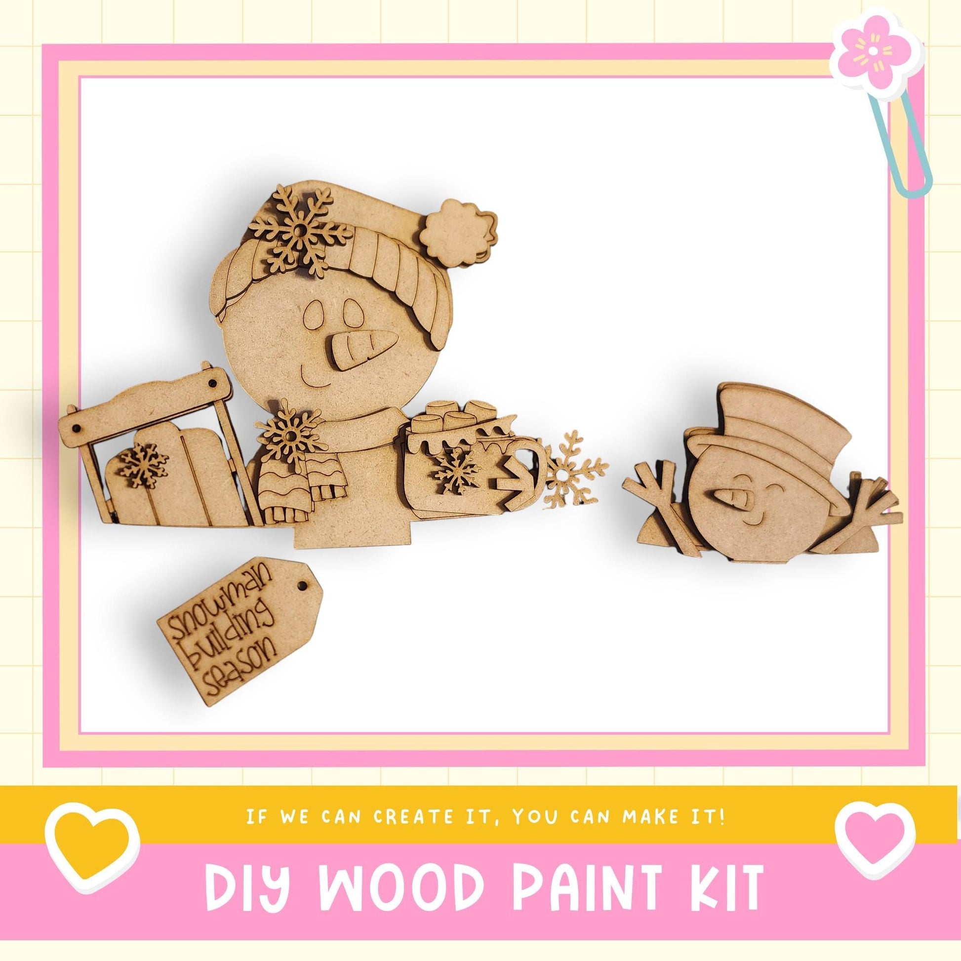 a DIY wood paint kit for creating wooden snowmen and other winter-themed decorations.