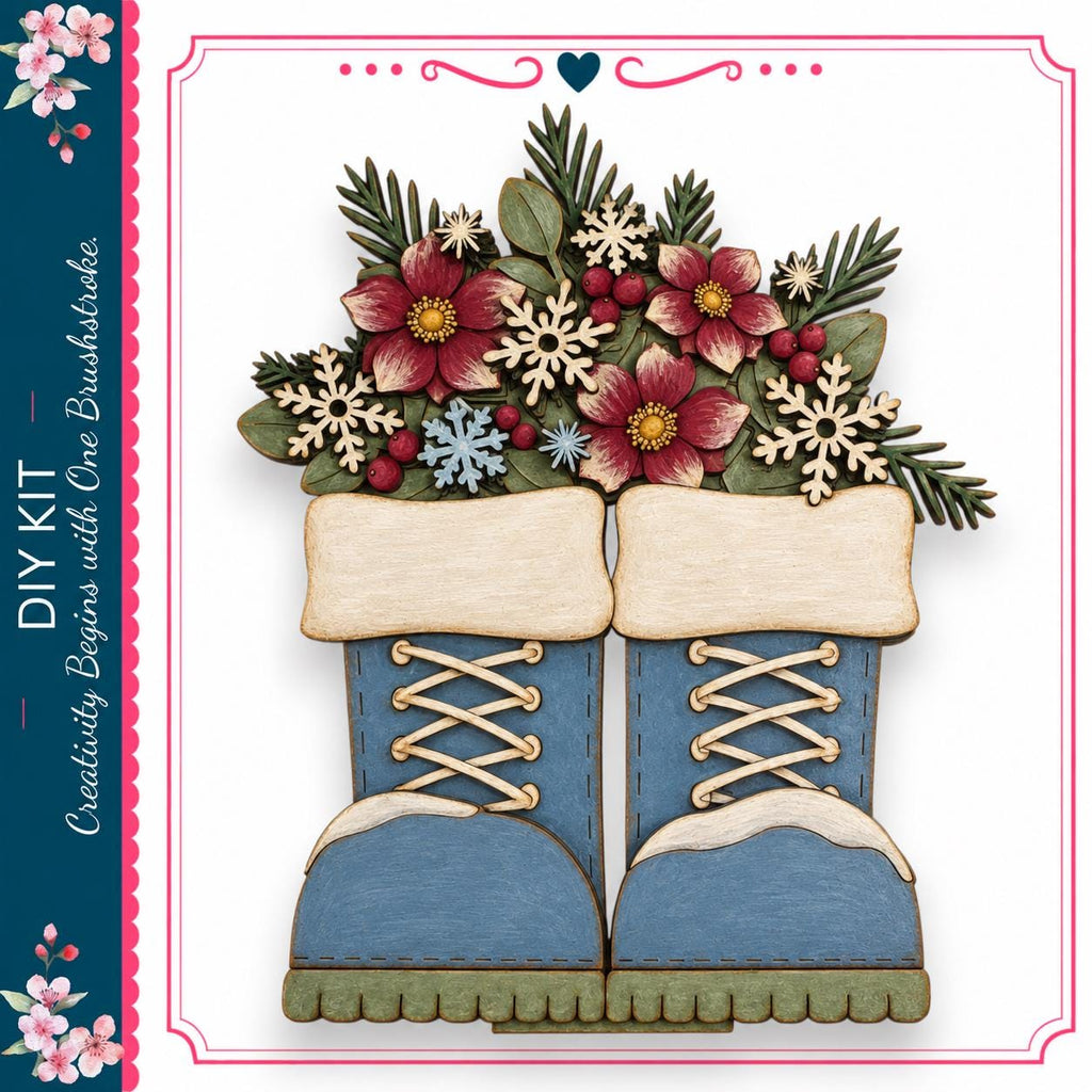 A pair of blue snow boots adorned with a floral arrangement of red, pink, and white flowers, along with snowflakes and pine branches.