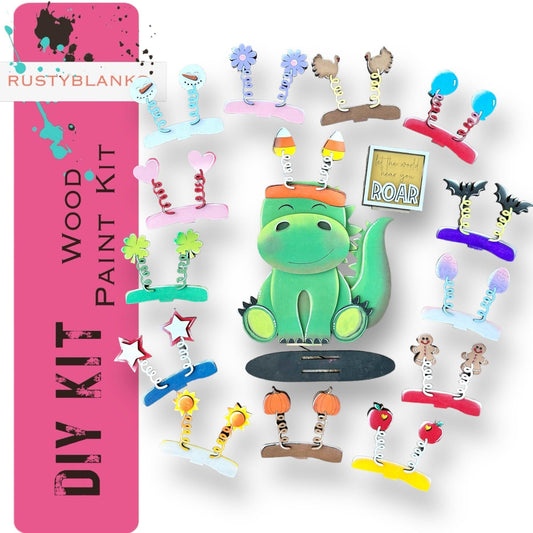 Dinosaur with 12 Interchangeable Seasonal Hats, Insert and tile holder, Season DIY Decor - RusticFarmhouseDecor