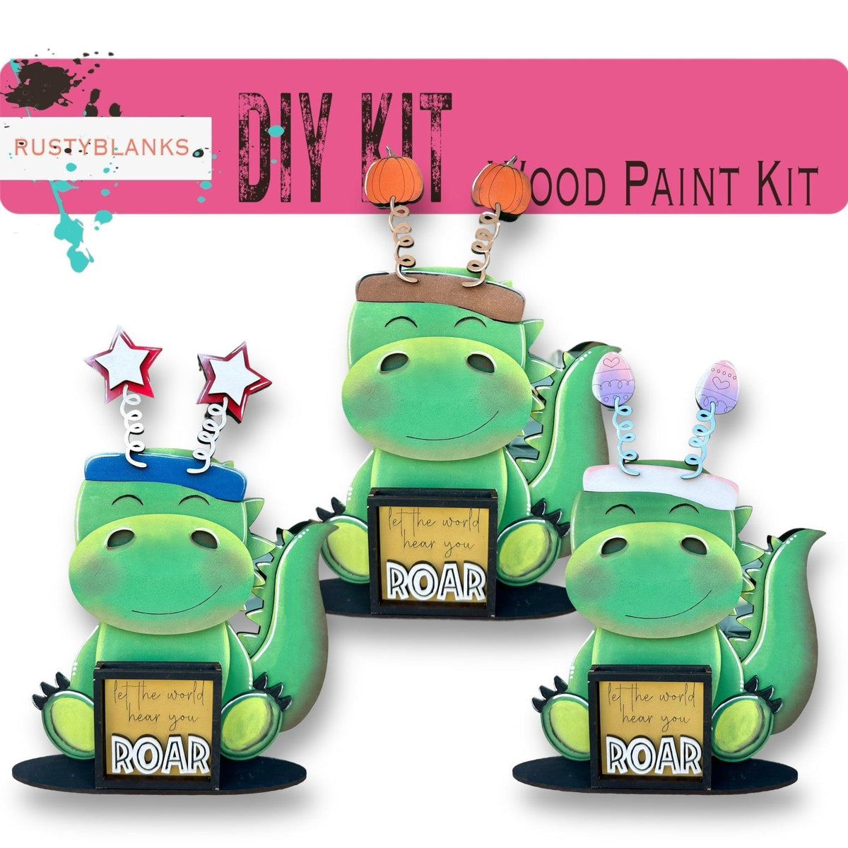 Dinosaur with 12 Interchangeable Seasonal Hats, Insert and tile holder, Season DIY Decor - RusticFarmhouseDecor