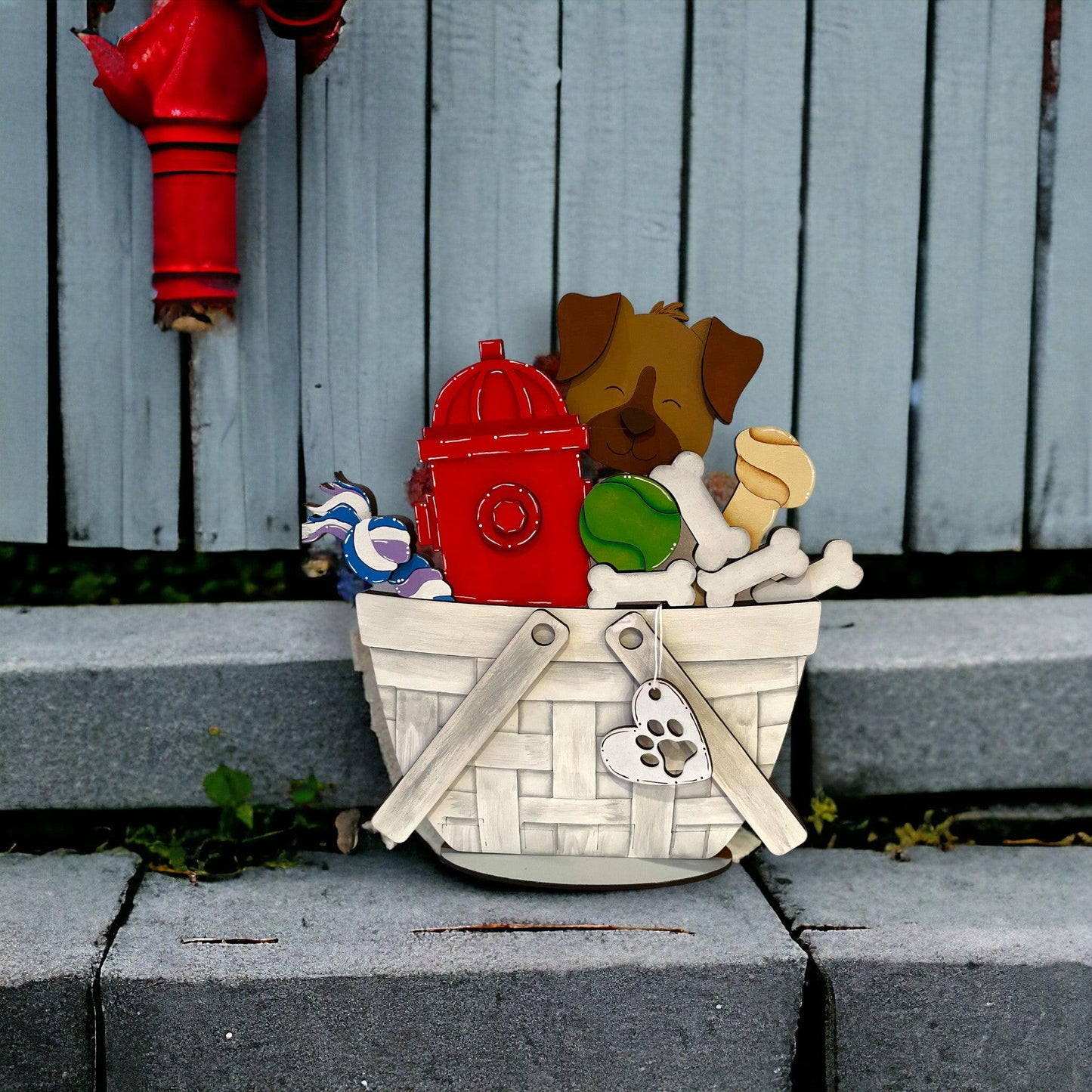 Dog with fire hydrant for the Interchangeable Flower Basket Decor - Wood Blank for Painting - Inserts for Basket - RusticFarmhouseDecor