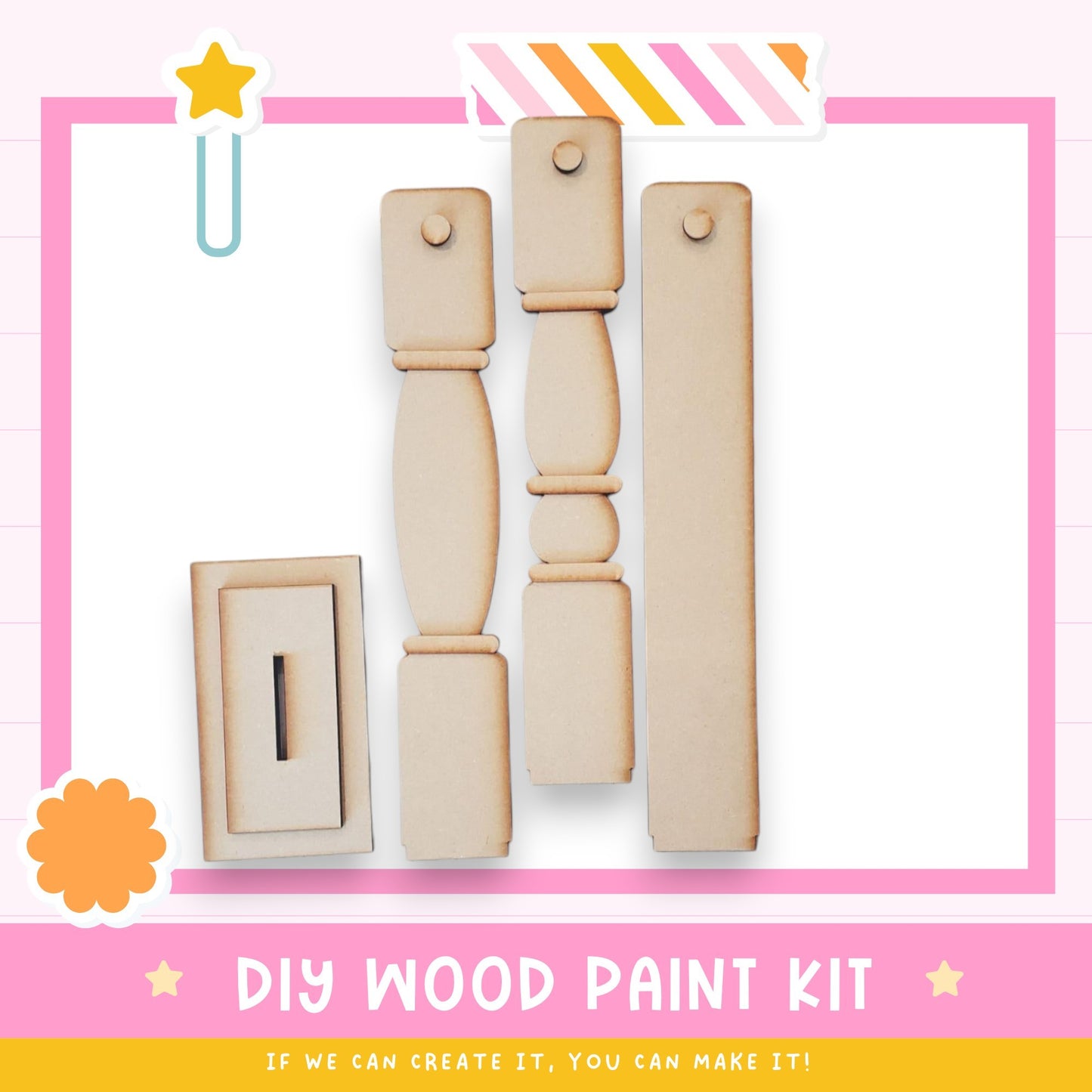 The image is a DIY wood paint kit, featuring various wooden pieces such as a light switch, a shelf, and a cabinet. The kit appears to be made of wood and is designed for painting and decorating.