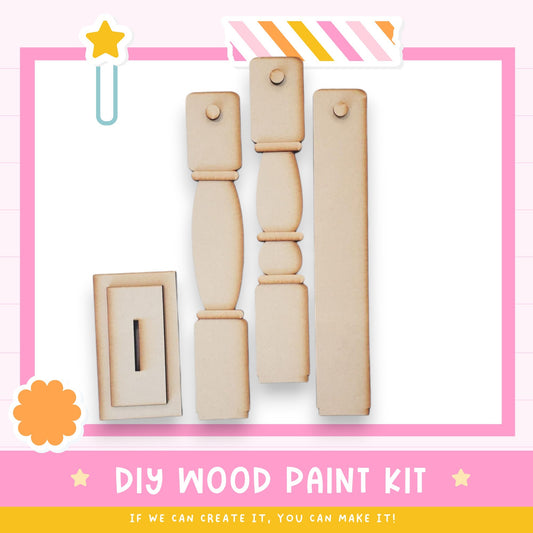 The image is a DIY wood paint kit, featuring various wooden pieces such as a light switch, a shelf, and a cabinet. The kit appears to be made of wood and is designed for painting and decorating.