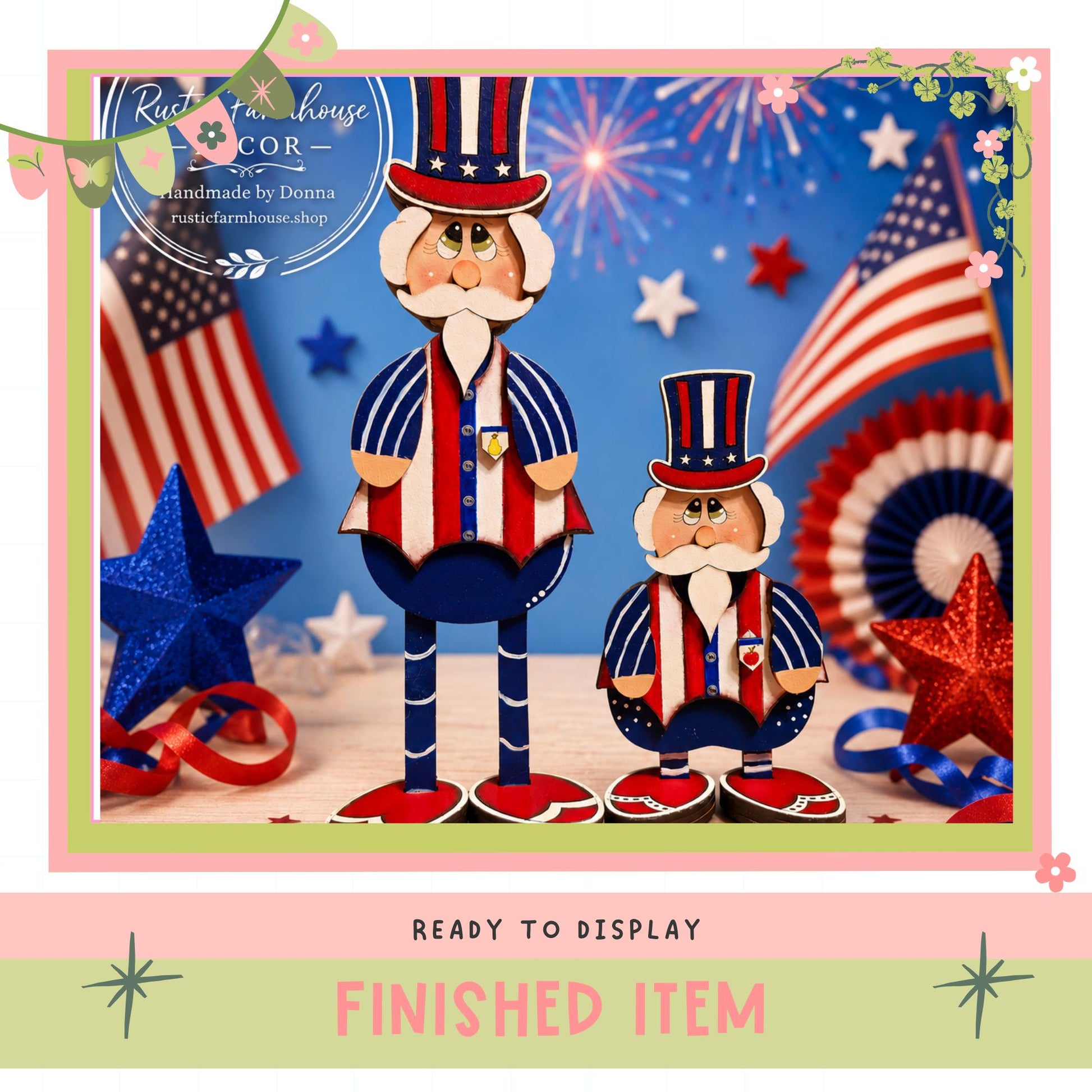 two wooden figures dressed in patriotic attire, including hats and suits, set against a backdrop of American flags and fireworks. The text "RUSTY & HOUSE" and "COR" is visible, along with the phrase "finished item" at the bottom of the image.