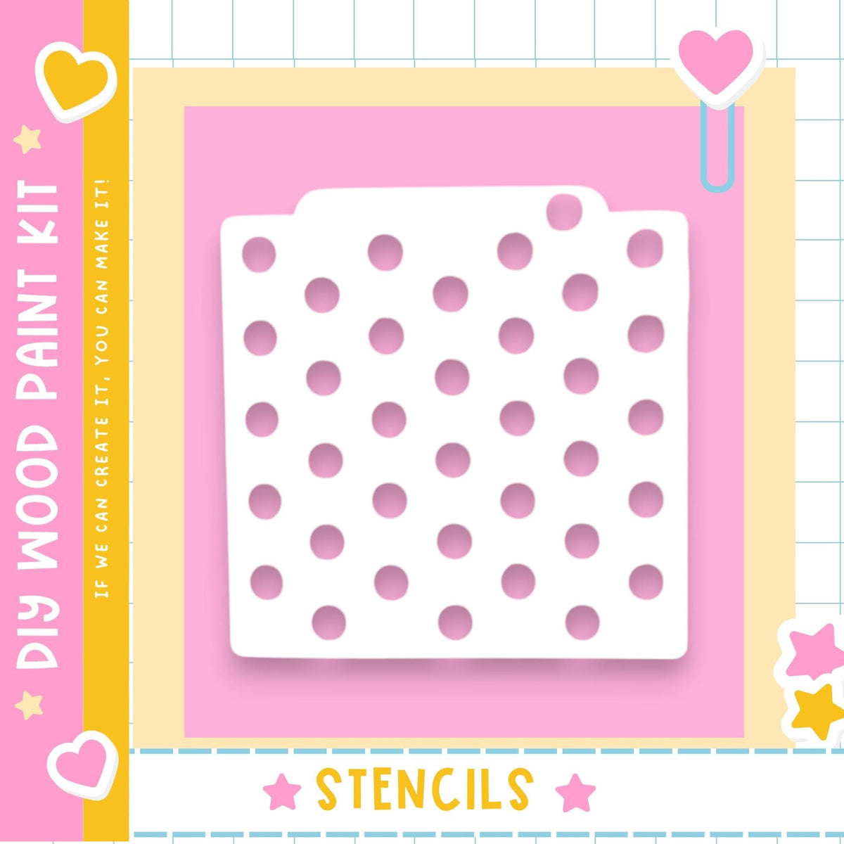 The image is a colorful and playful DIY paint kit featuring a white stencil with a pattern of pink dots on a pink background.