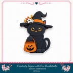A black cat wearing a witch's hat and carrying a carved pumpkin, set against a white background with a decorative border.