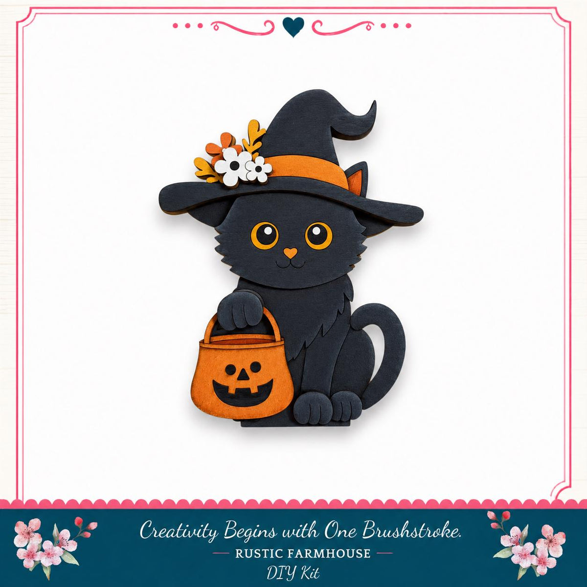 A black cat wearing a witch's hat and carrying a carved pumpkin, set against a white background with a decorative border.