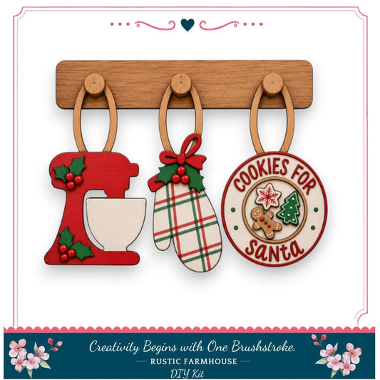 a DIY kit for creating a "Cookies for Santa" ornament, which includes a cookie cutter, a mitten, and a cookie jar. The kit is designed to be a creative and fun project for those who enjoy crafting and decorating during the holiday season.