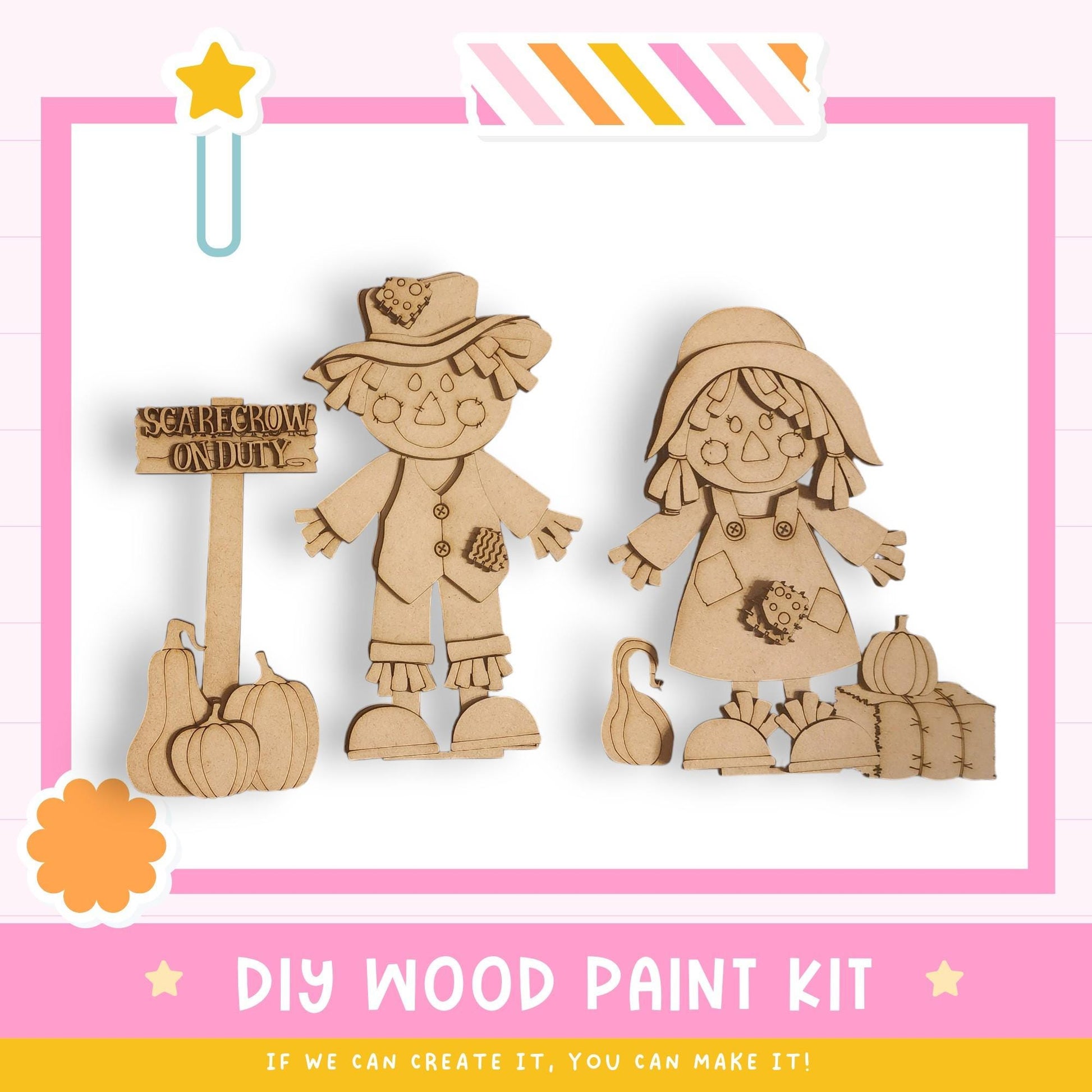 a DIY wood paint kit for creating scarecrows, with two wooden scarecrow figures standing next to a sign that says " Scarecrow on duty".