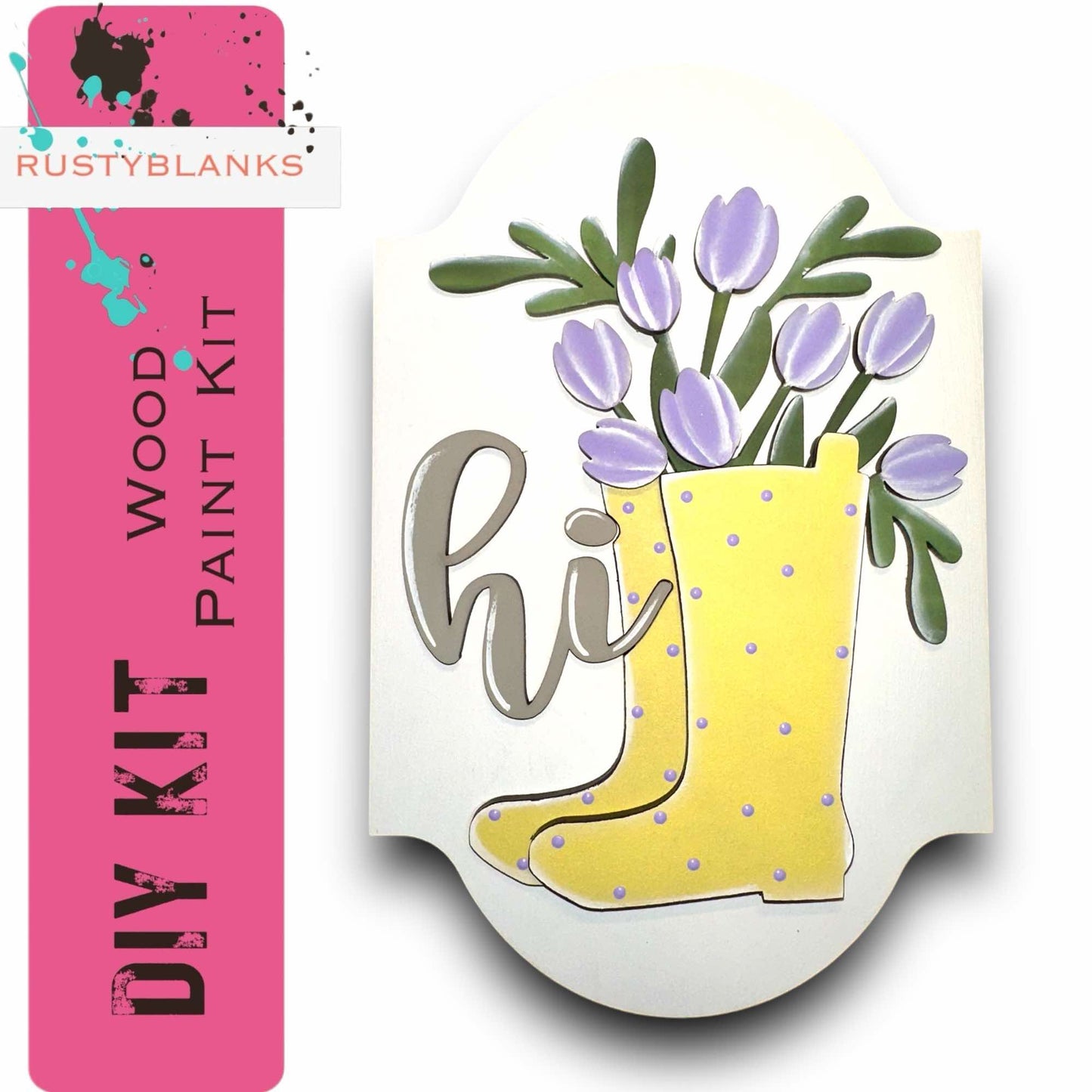 a picture of a yellow boot with purple flowers in it