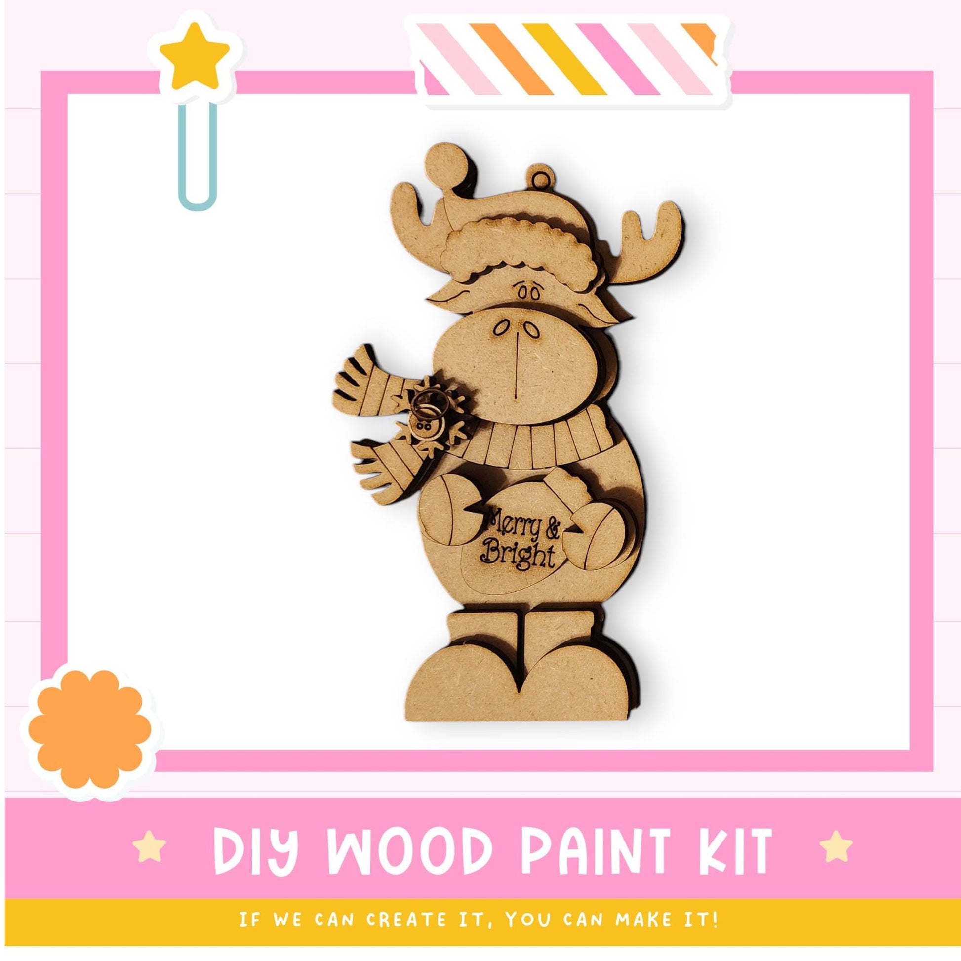 a DIY wood paint kit for creating a wooden ornament, with a cute wooden snowman figure as the main subject.