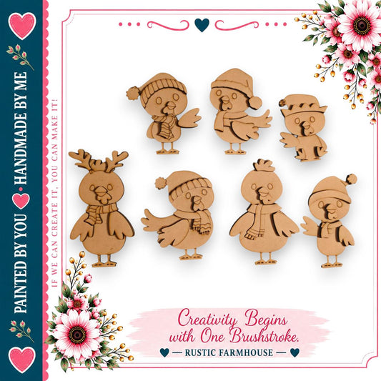 a collection of wooden bird figurines, each wearing a hat and scarf, arranged in a festive display. The birds are depicted in various poses, creating a lively and whimsical scene. The image is framed by a border of pink and white flowers, adding a touch of color and charm to the overall composition. The text "Creativity Begins with One Brushstroke" suggests that the wooden bird figurines are the source of inspiration for the creative process.