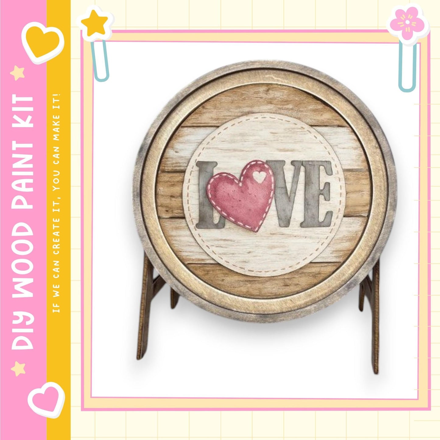 A wooden barrel with a heart-shaped cutout in the center, displaying the word "LOVE" in a decorative font.
