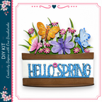 A colorful arrangement of butterflies and flowers, with the word "Hello Spring" displayed prominently in the foreground.