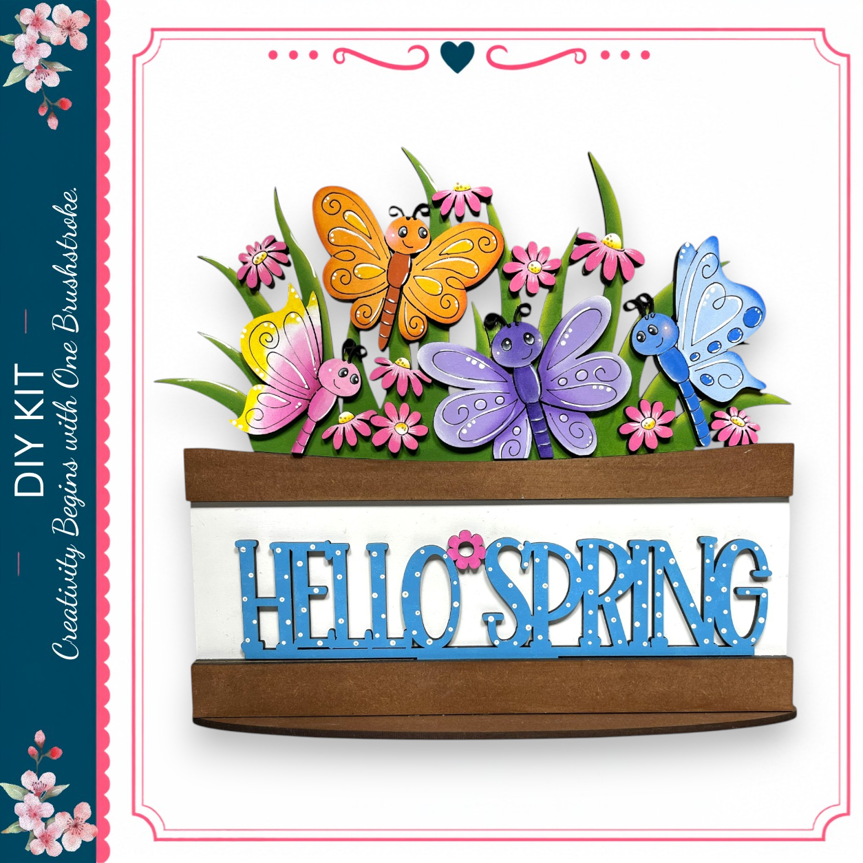 A colorful arrangement of butterflies and flowers, with the word "Hello Spring" displayed prominently in the foreground.