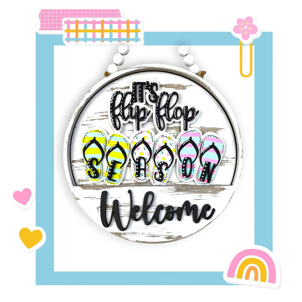 a sign that says flip flop welcome with flip flops on it