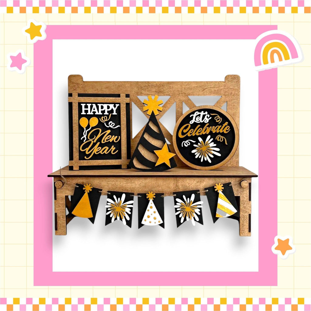 a happy new year card with a wooden bench