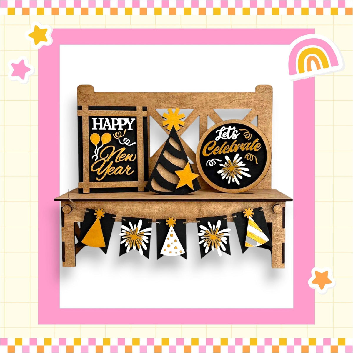 a happy new year card with a wooden bench