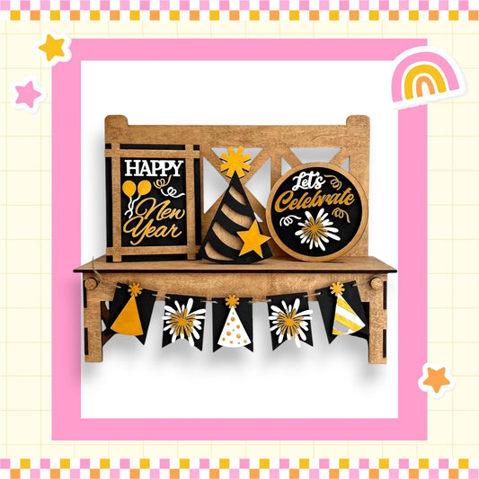 a happy new year card with a wooden bench