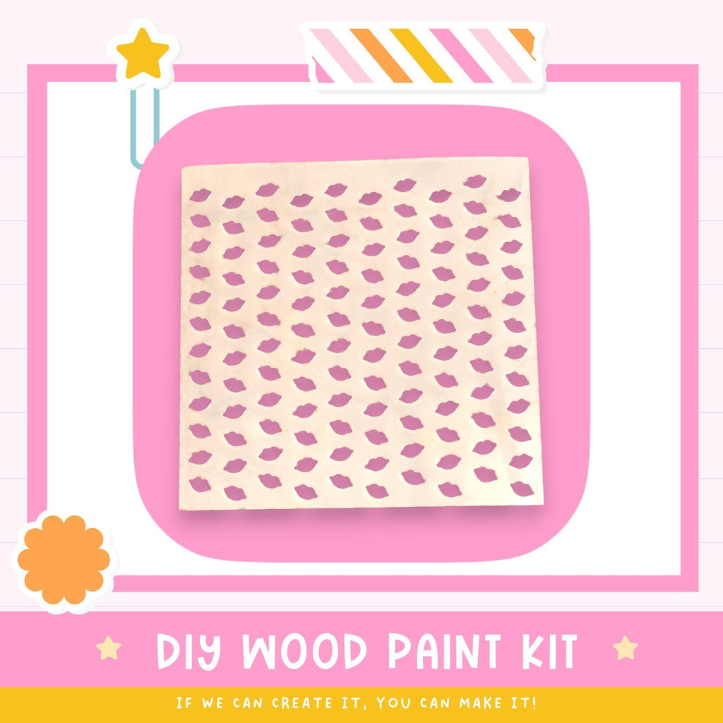 The image is a promotional poster for a DIY wood paint kit. It features a pink background with a white square containing a pattern of pink dots, and the text "DIY WOOD PAINT KIT" is displayed below the square.
