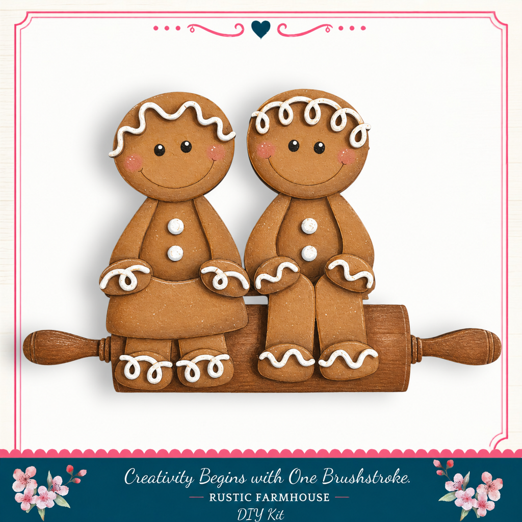 Two gingerbread men sitting on a rolling pin, smiling and appearing to be in a playful, creative mood.