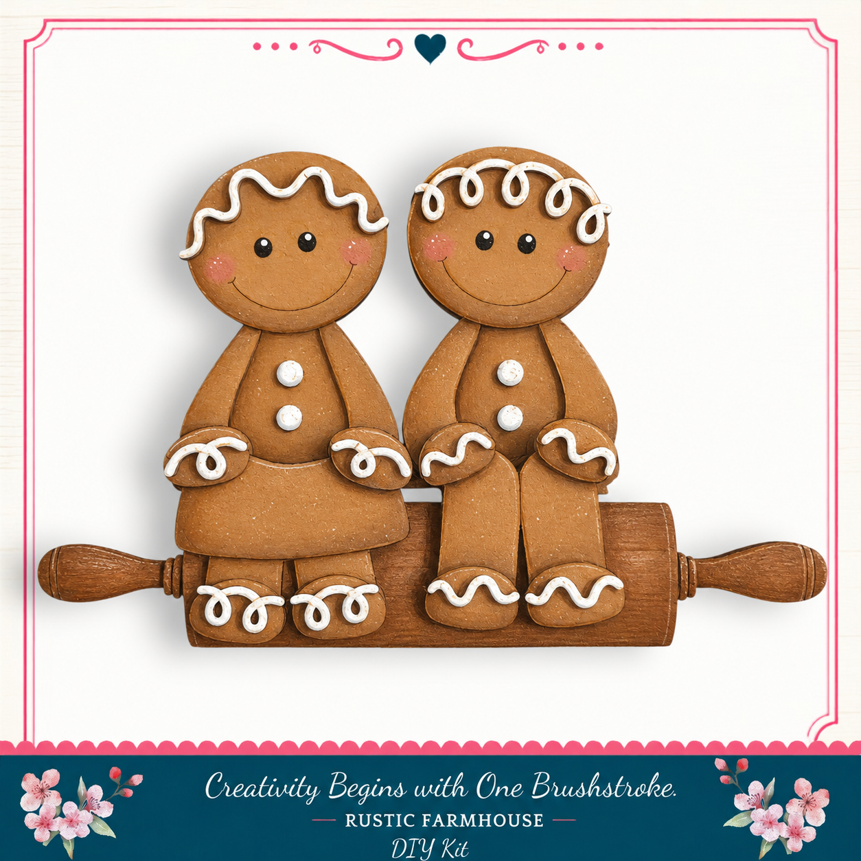 Two gingerbread men sitting on a rolling pin, smiling and appearing to be in a playful, creative mood.
