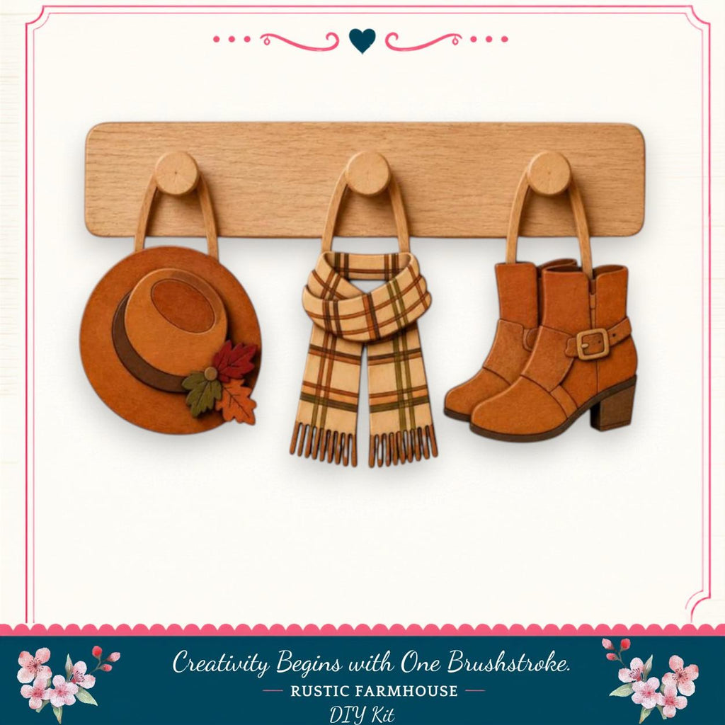 A wooden hanger with three wooden hooks, each holding a different piece of clothing: a hat, a scarf, and a pair of boots.