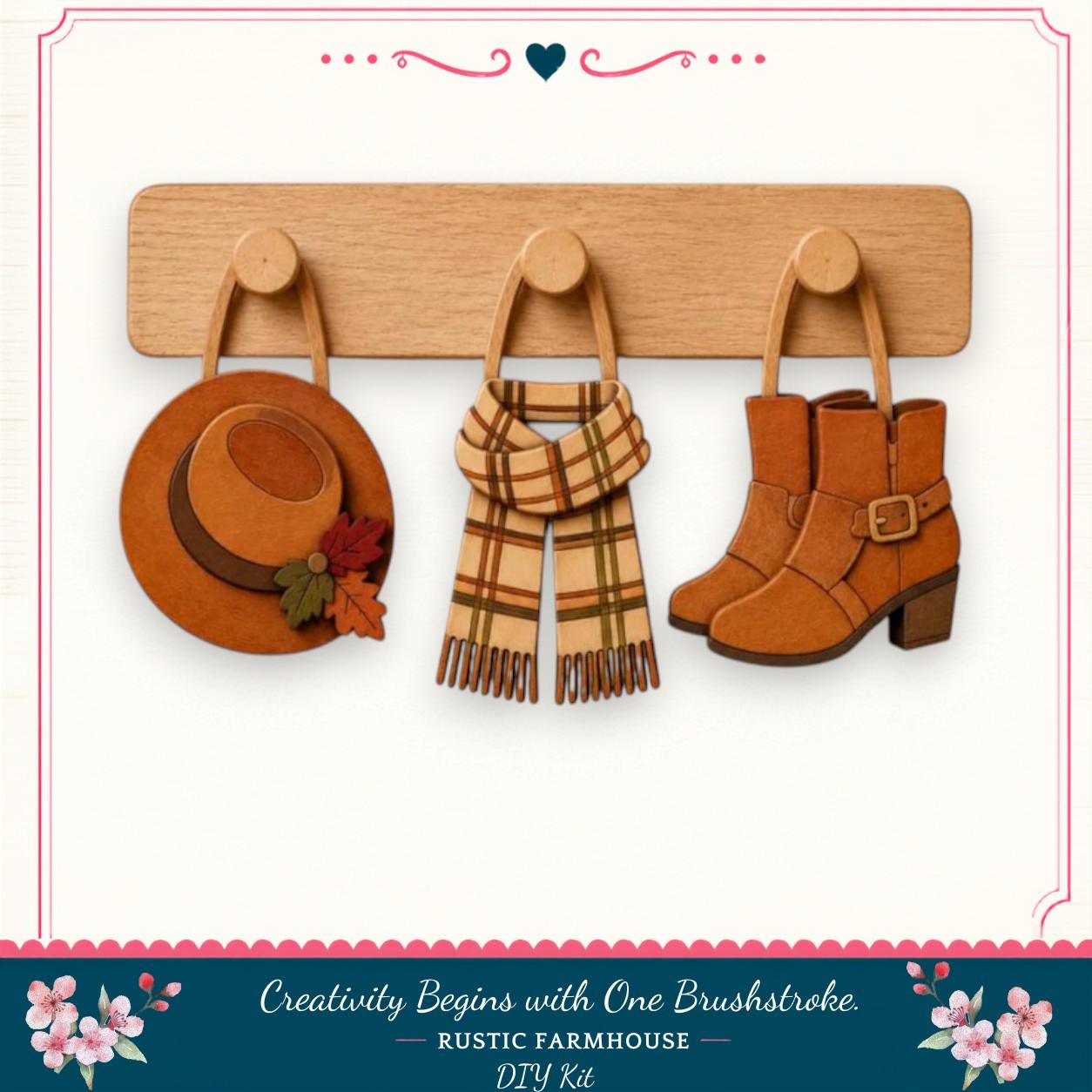 A wooden hanger with three wooden hooks, each holding a different piece of clothing: a hat, a scarf, and a pair of boots.