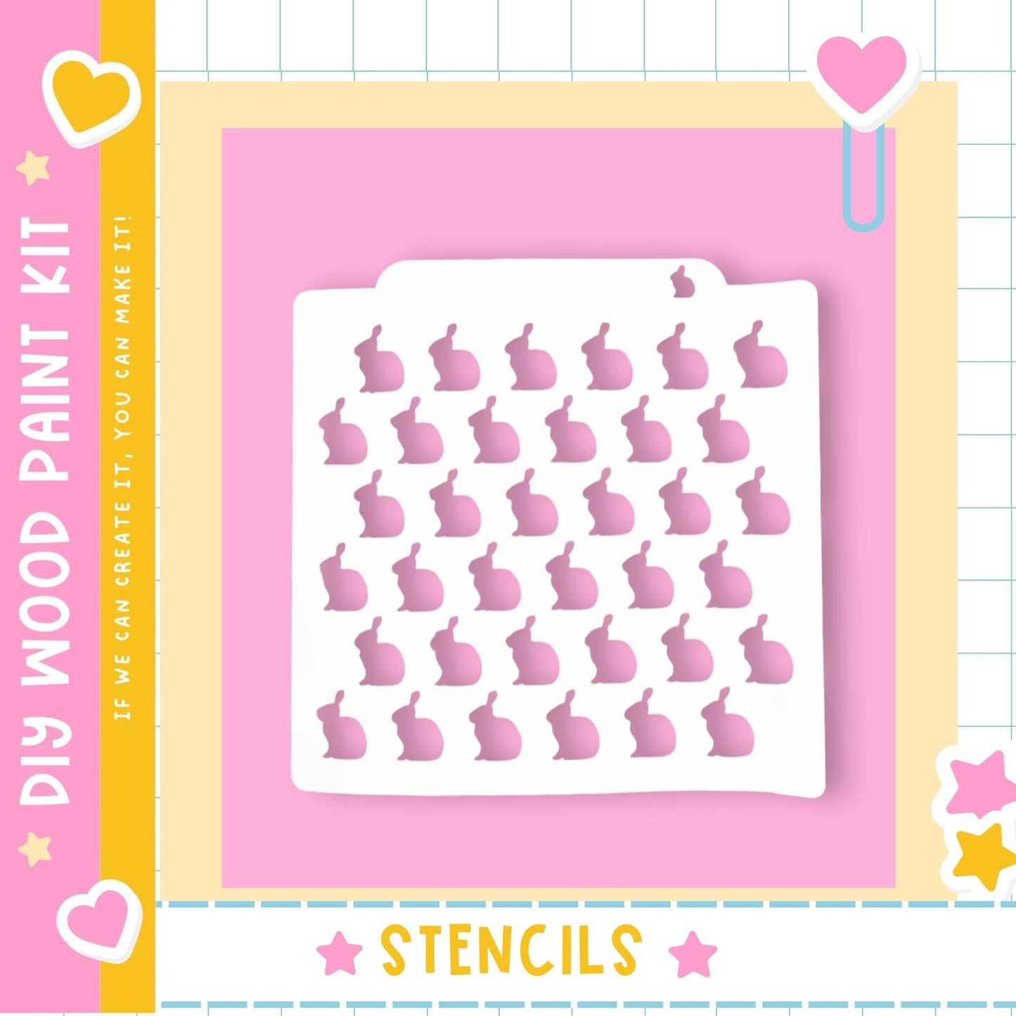 The image is a colorful and playful advertisement for a DIY paint kit featuring a white stencil with a pattern of pink hearts and stars.