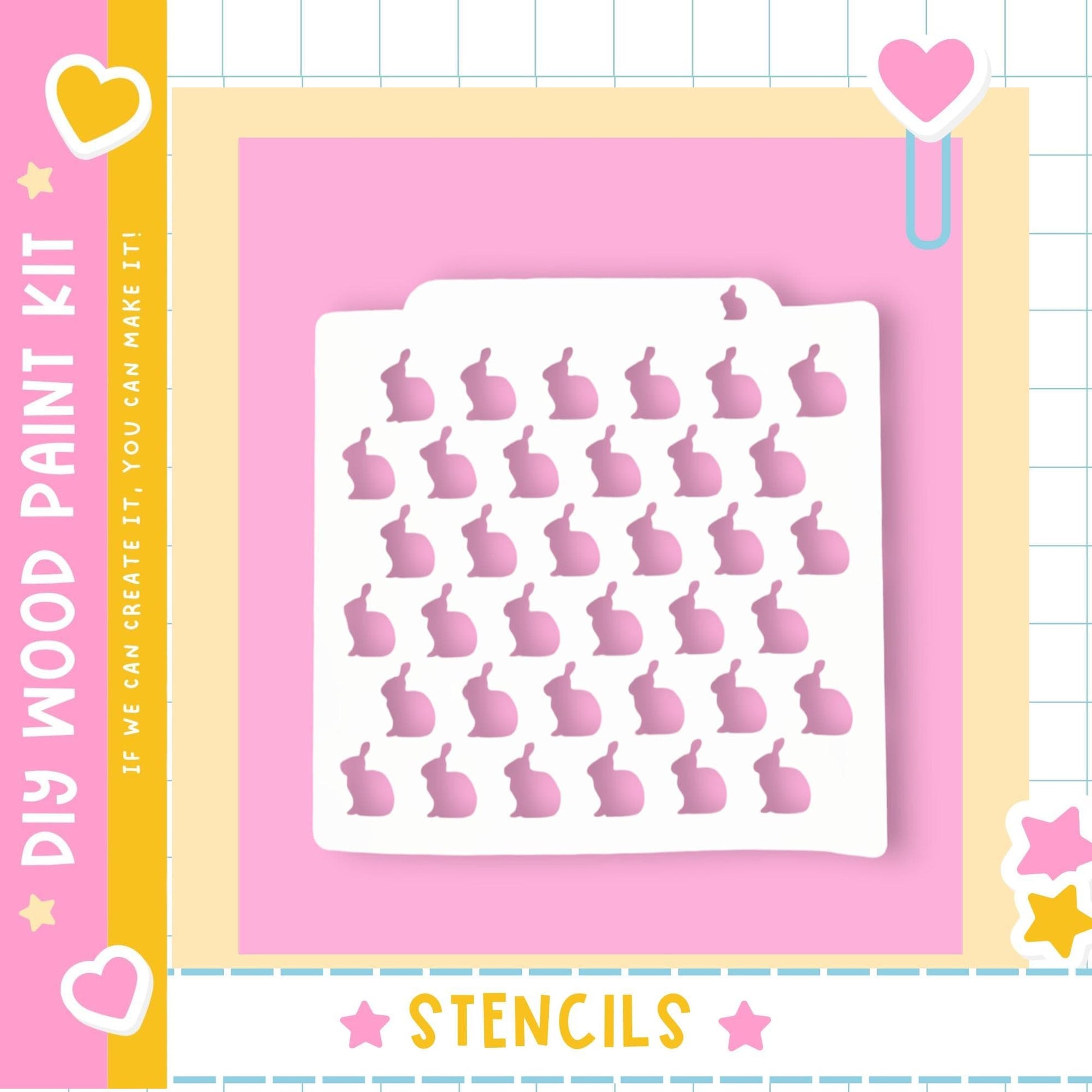 The image is a colorful and playful advertisement for a DIY paint kit featuring a white stencil with a pattern of pink hearts and stars.
