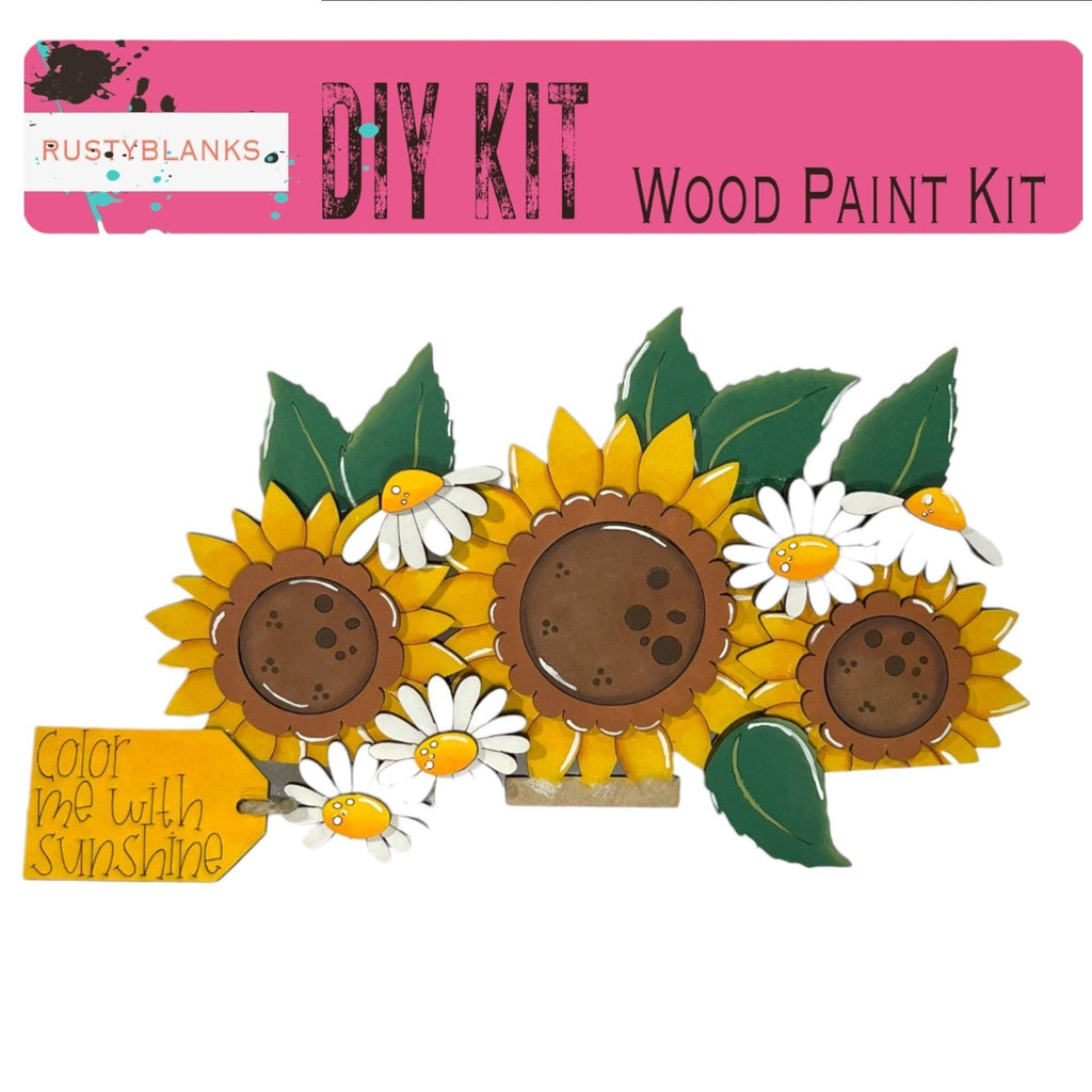 a picture of sunflowers with a sign that says diy kit wood paint