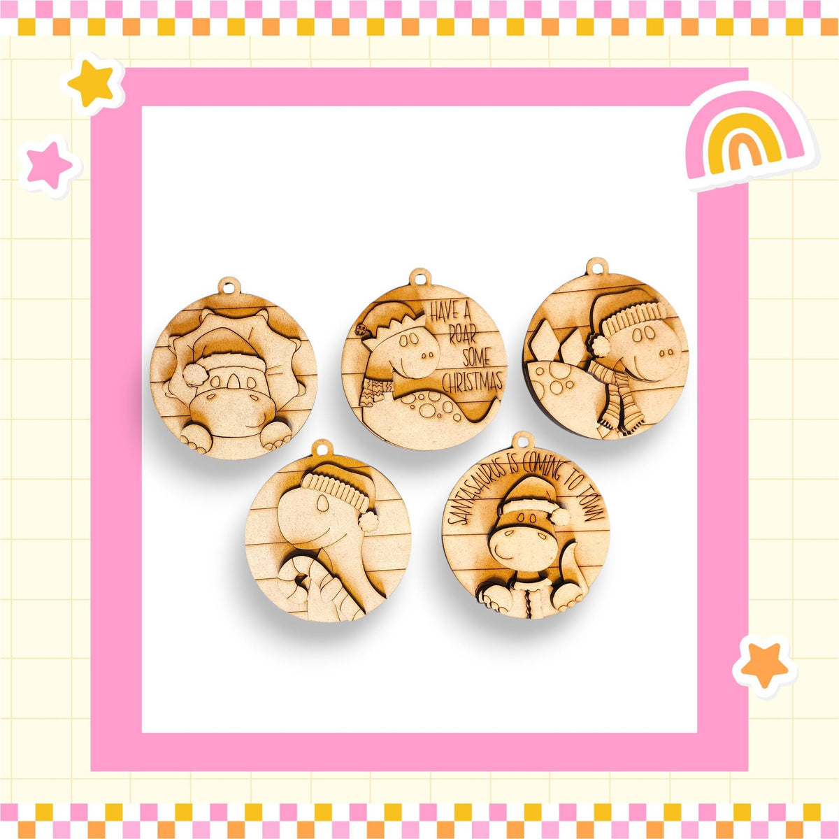 five wooden ornaments with various designs, including a cat, a dog, and a bird, all set against a pink and yellow checkered background.