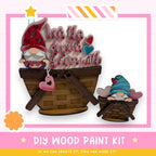 a DIY wood paint kit for creating wooden gnome-themed decorations, including a wooden basket and a wooden gnome figure.