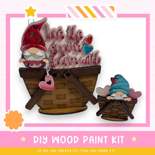 a DIY wood paint kit for creating wooden gnome-themed decorations, including a wooden basket and a wooden gnome figure.