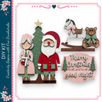 The image is a collage of four different Christmas-themed scenes, including Santa Claus, a rocking horse, a teddy bear, and a Christmas tree. The collage is framed by a pink border and includes text that reads "DIY KIT" and "Merry Christmas to all, and to all a good night".