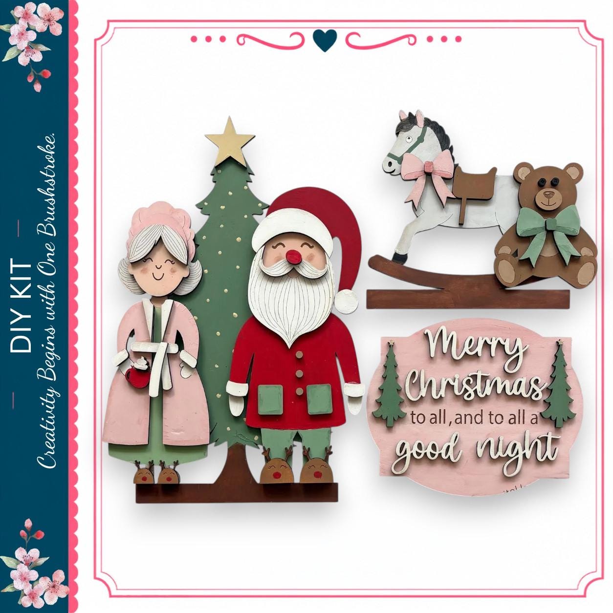 The image is a collage of four different Christmas-themed scenes, including Santa Claus, a rocking horse, a teddy bear, and a Christmas tree. The collage is framed by a pink border and includes text that reads "DIY KIT" and "Merry Christmas to all, and to all a good night".