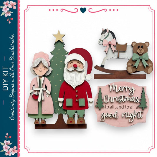 The image is a collage of four different Christmas-themed scenes, including Santa Claus, a rocking horse, a teddy bear, and a Christmas tree. The collage is framed by a pink border and includes text that reads "DIY KIT" and "Merry Christmas to all, and to all a good night".