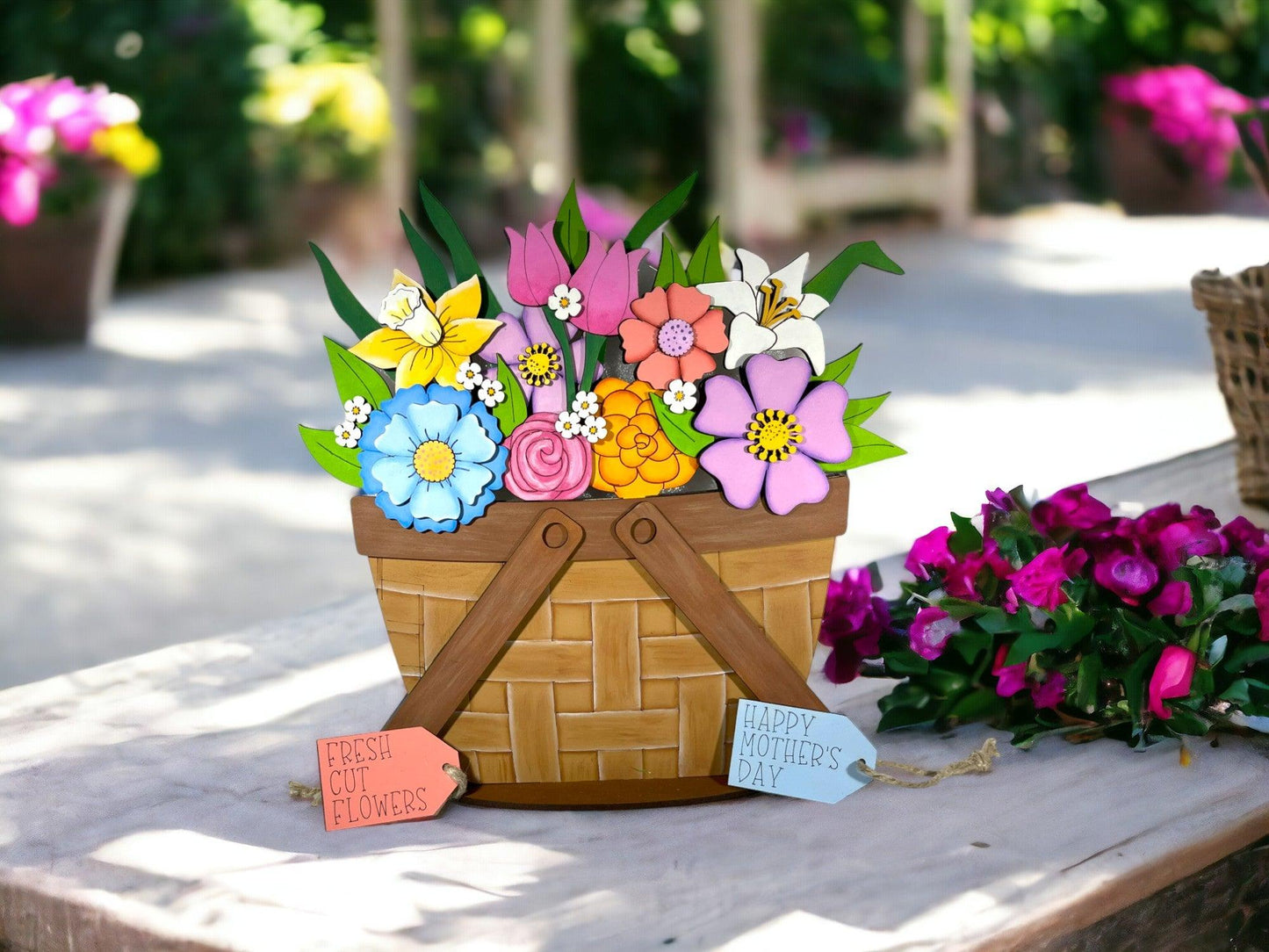 a basket of flowers sitting on top of a table