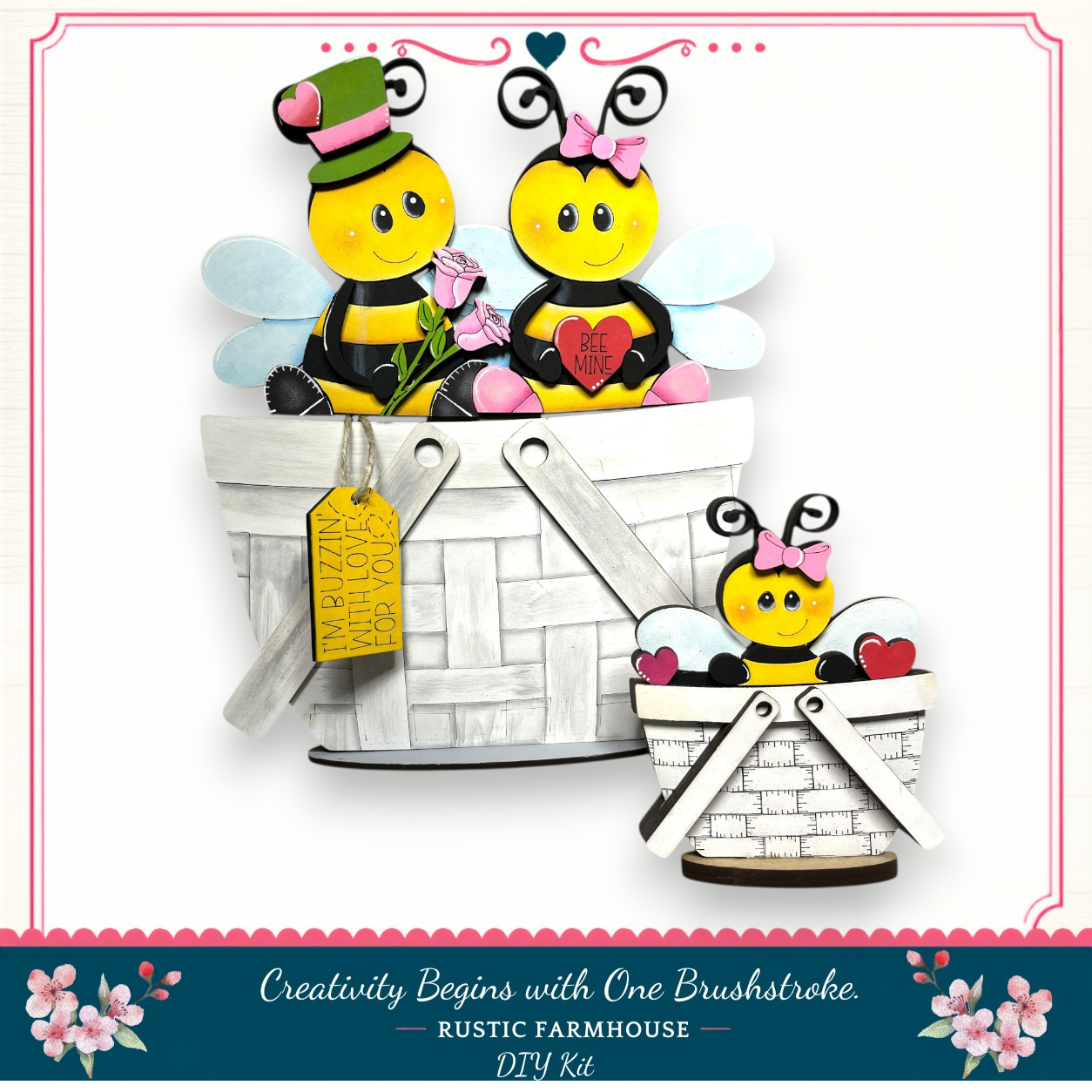 a DIY kit for creating a wooden bee and bear decoration. The kit includes a wooden bee and bear figure, a wooden basket, and a wooden tag with a message. The kit is designed to be used as a creative project, with the text "Creativity Begins with One Brushstroke. Rustic Farmhouse DIY Kit" indicating that the kit is intended for a rustic farmhouse style.