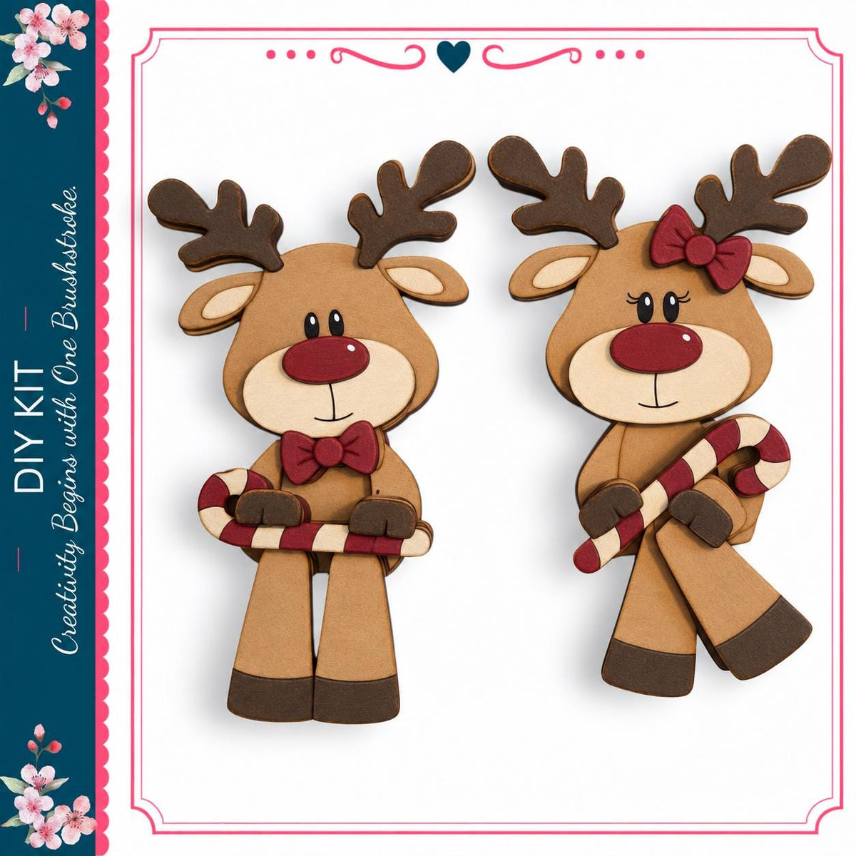 two wooden reindeer figures, one holding a candy cane, against a white background.