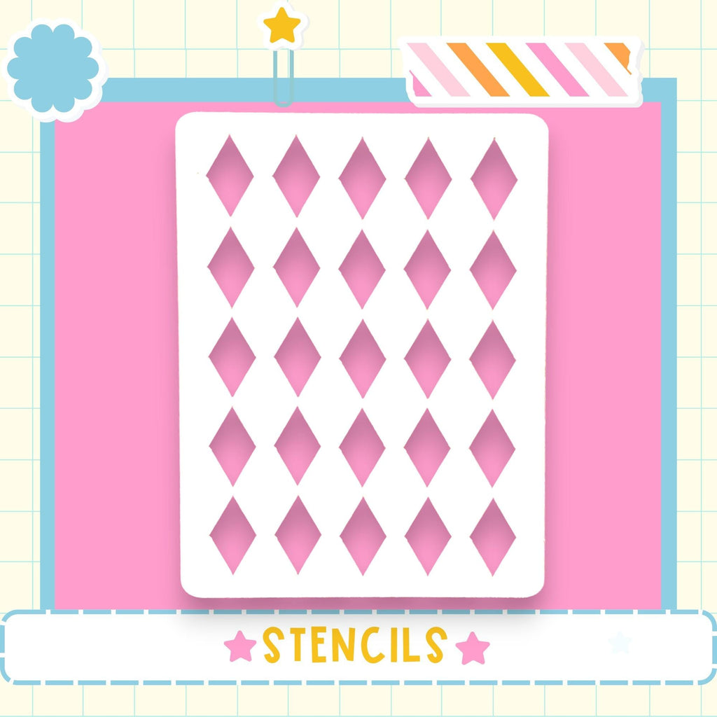 a white stencil with a diamond pattern on a pink background, surrounded by various decorative elements such as a star, a flower, and a striped border.