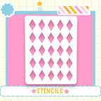 a white stencil with a diamond pattern on a pink background, surrounded by various decorative elements such as a star, a flower, and a striped border.